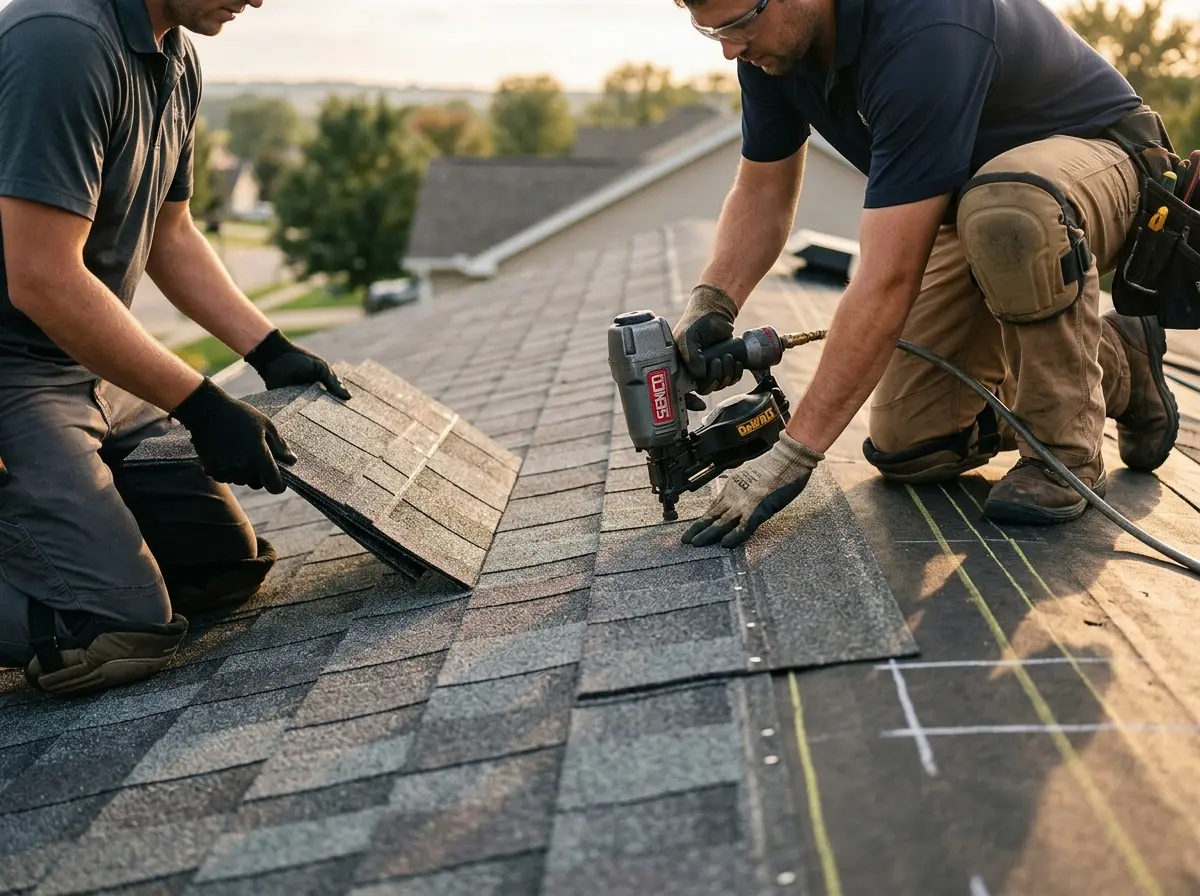 Professional roofer working on a residential roof in Irvington